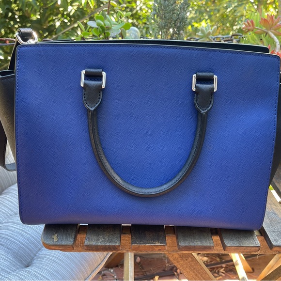 Michael Kors Selma Leather Color Block Blue Black Satchel Handbag Medium - Picture 3 of 7